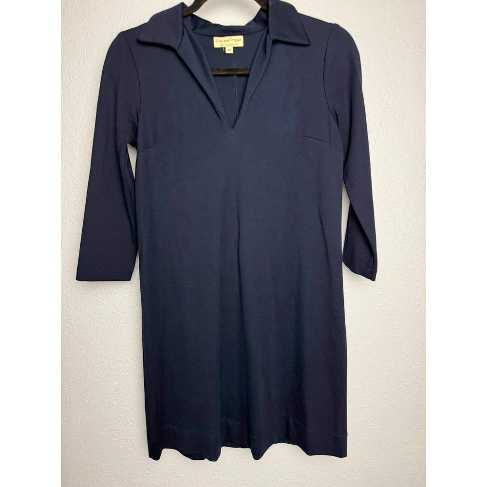 Kim & Proper San Francisco Navy Shift Dress XS 3/4 Sleeve V Neck Career USA